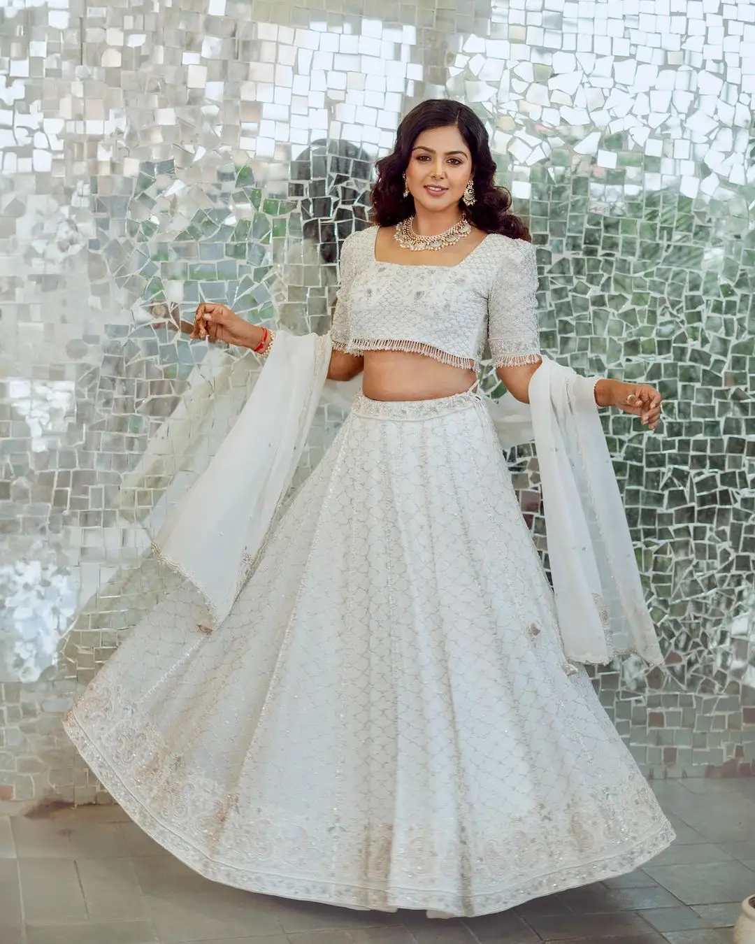 Monal Gajjar Wearing Traditional White Lehenga Choli